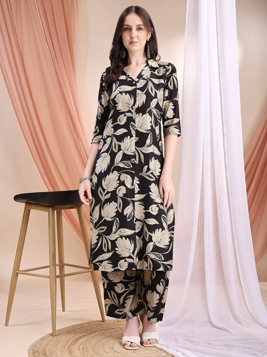 Printed Coordinated Kurta And Palazzo Set, Black - Hiral Fashion