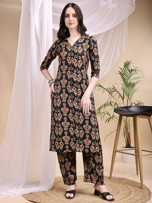 Ikat Printed Kurta With Palazzo Set, Black - Hiral Fashion