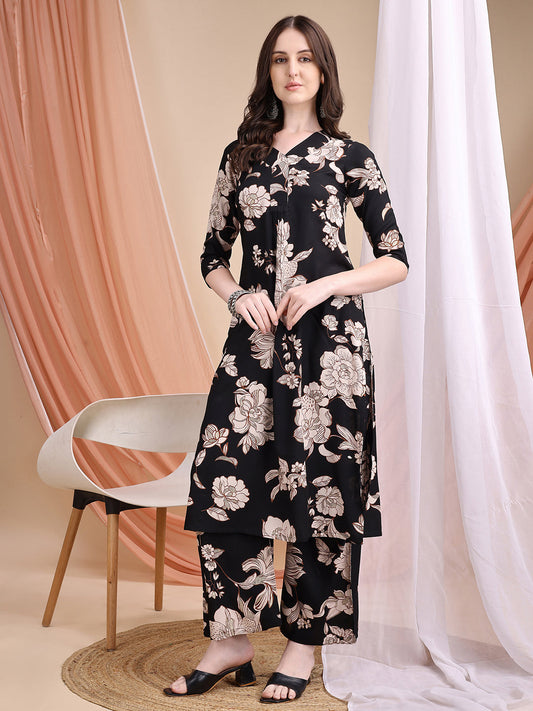 Floral Printed Kurta Set, Black - Hiral Fashion