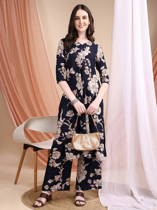 Floral Printed Kurta Set, Navy Blue - Hiral Fashion