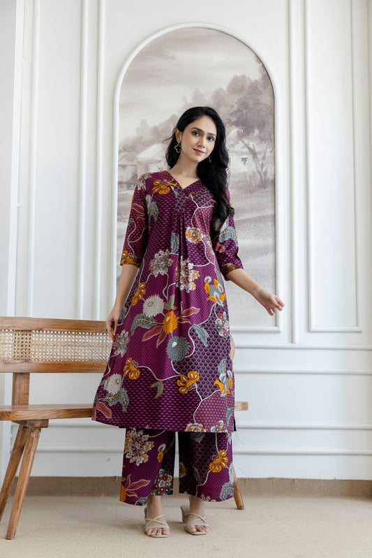 Floral Motifs Printed Kurta With Palazzo, Purple - Hiral Fashion