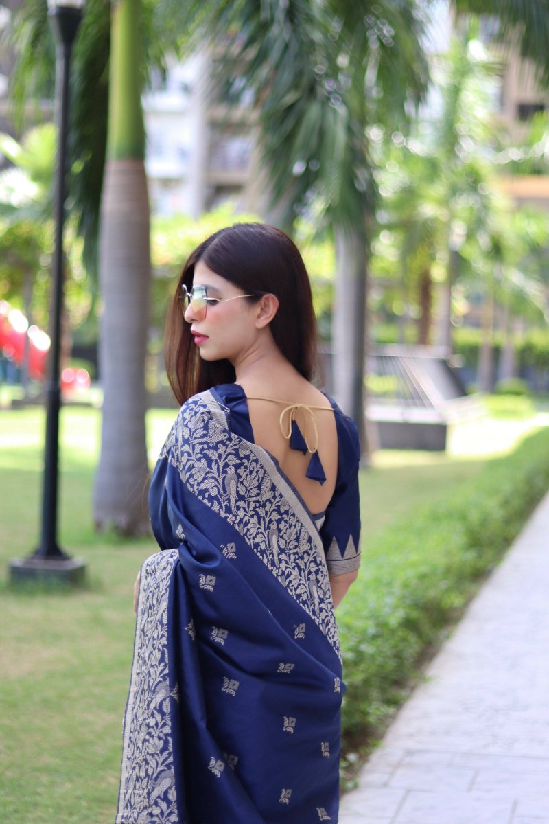 Aastha Fashion Navy Blue Woven Handloom Raw Silk Saree with Blouse - Grab2buy