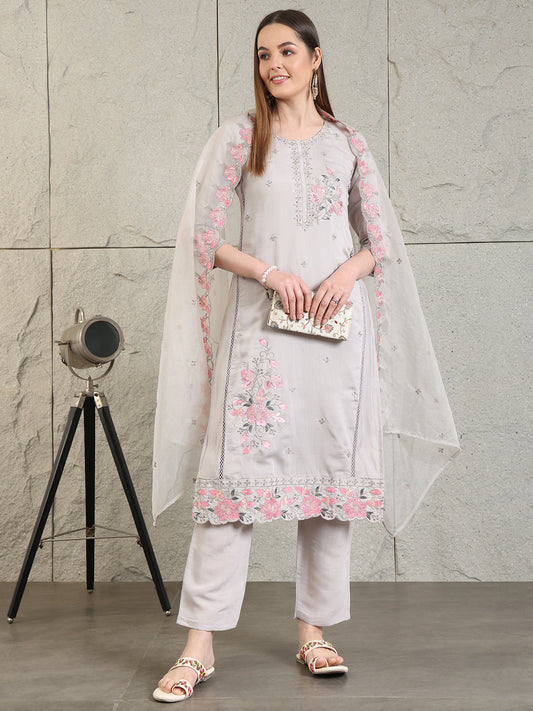 Embroidered Kurta With Pant & Organza Embroidered Dupatta, Grey - Hiral Fashion