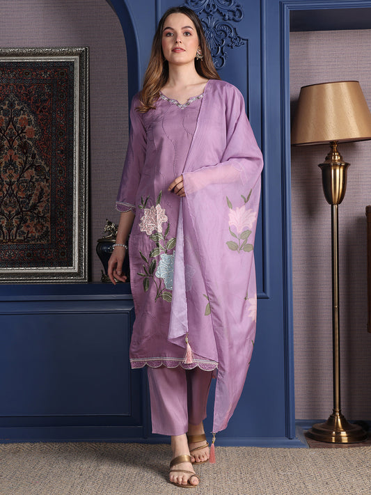 Placement Embroidered Kurta With Pant & Organza Printed Dupatta, Lavender - Hiral Fashion