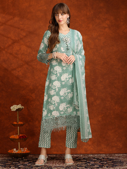 Flower Embellished And Printed Kurta With Pant & Dupatta, Green - Hiral Fashion