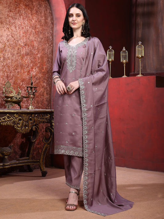 Straight Suit Set With Silver-Embroidered Kurta, Bordered Dupatta And Tapered Pant, Mauve - Hiral Fashion