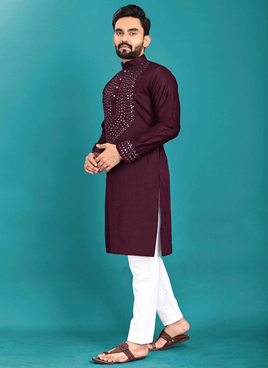 Prazu Fashion Wine Soft Silk Real Mirror Work Kurta