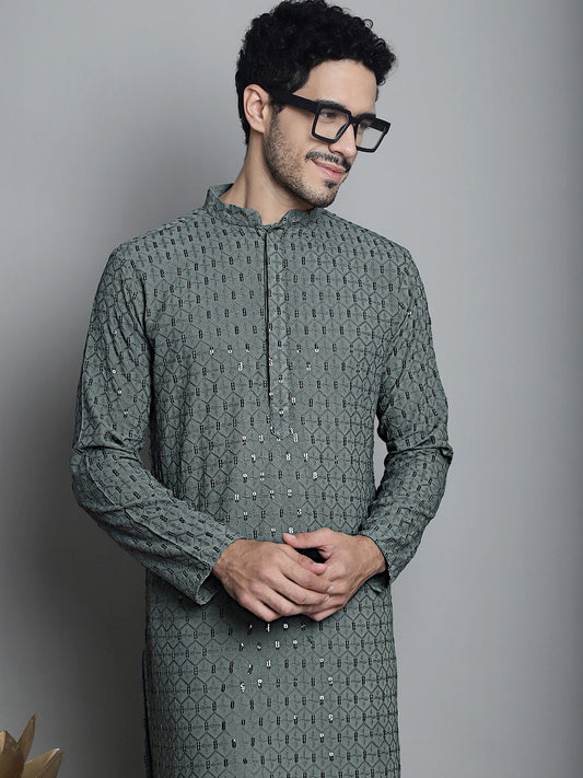 Jompers Men's Chikankari Embroidered and Sequence Kurta Only - Sea-Green
