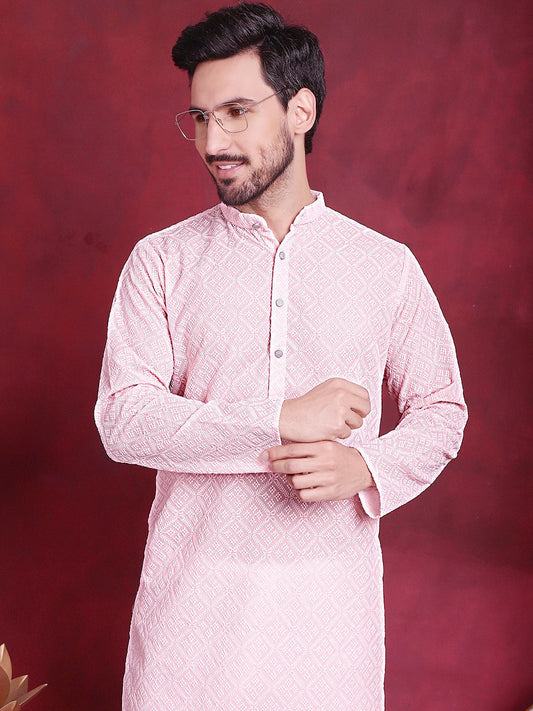 Jompers Men's Chikankari Embroidered Kurta - Pink