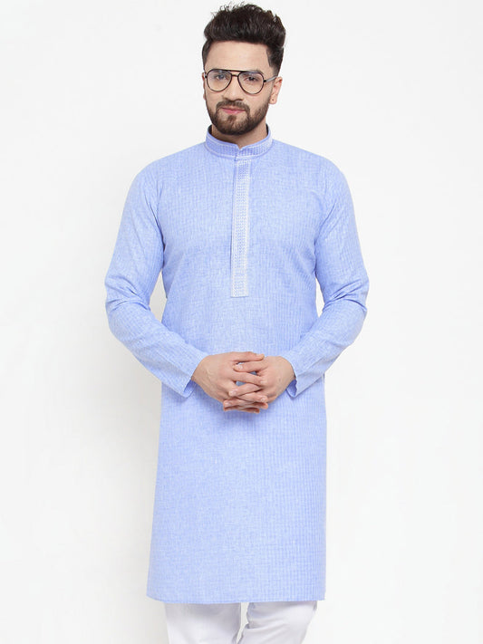 Jompers Men Blue & White Embroidered Kurta Only