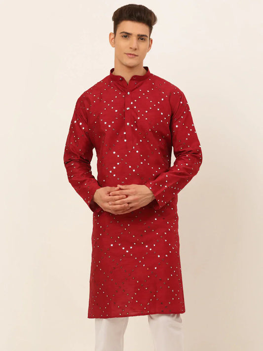 Jompers Men's Maroon Mirror Work Kurta Only