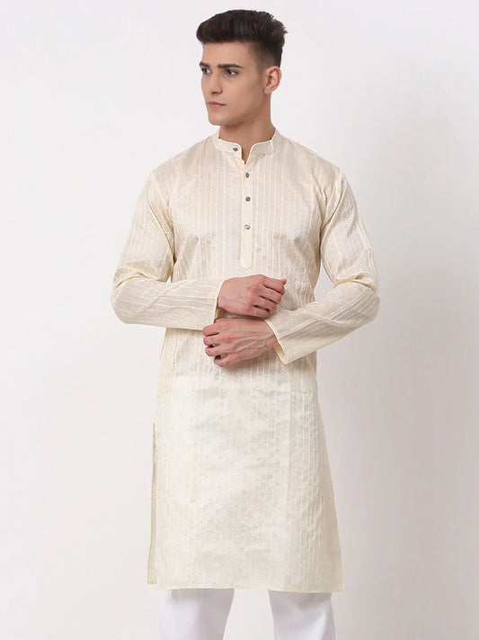 Jompers Men's Silk Blend Sequence Embroidered Kurta Only - Cream