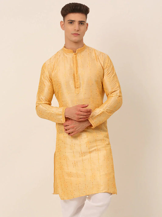 Jompers Men's Silk Blend Collar Embroidered Kurta Only - Golden