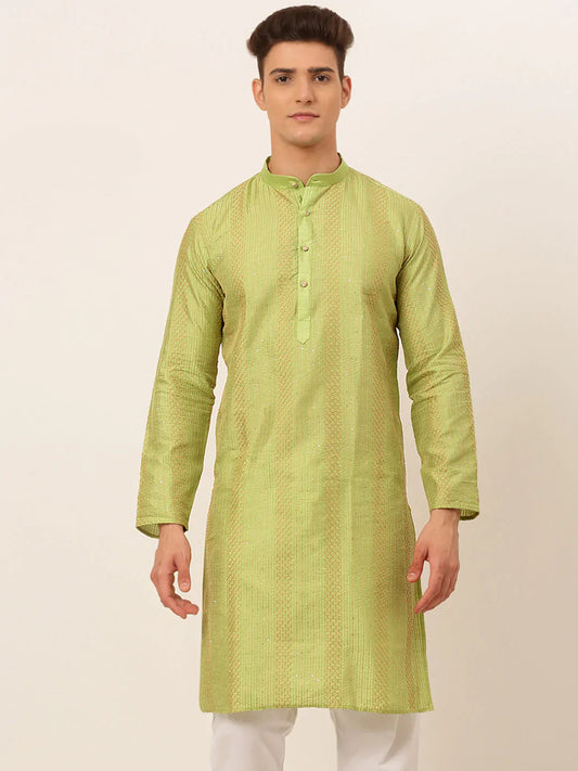 Jompers Men's Pista Green Embroiderd Kurta Only