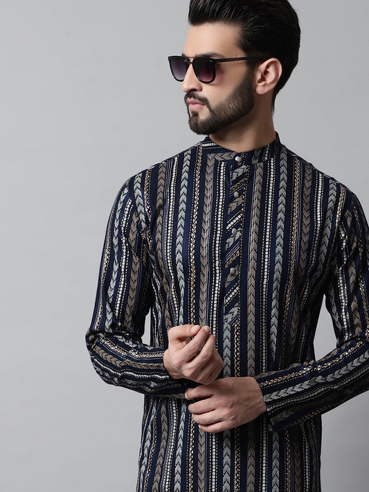 Jompers Men's Navy Blue Foil Printed Kurta