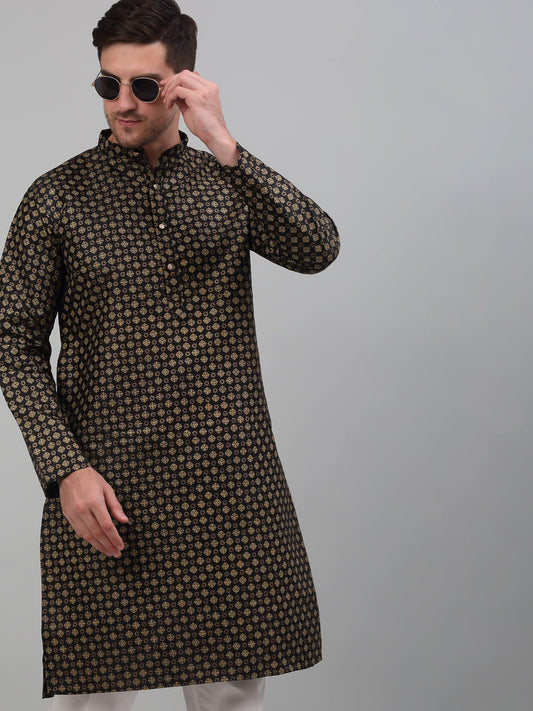 Jompers Men's Black Printed Silk Blend Kurta Only