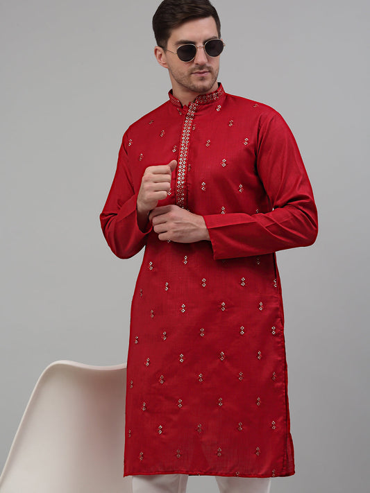 Jompers Men's Maroon Embroidered Straight Kurta Only