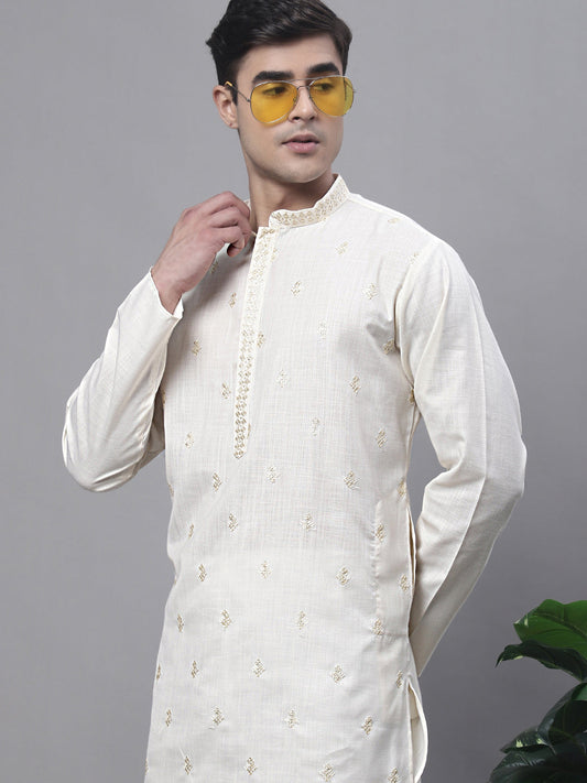 Jompers Men's White Embroidered Straight Kurta
