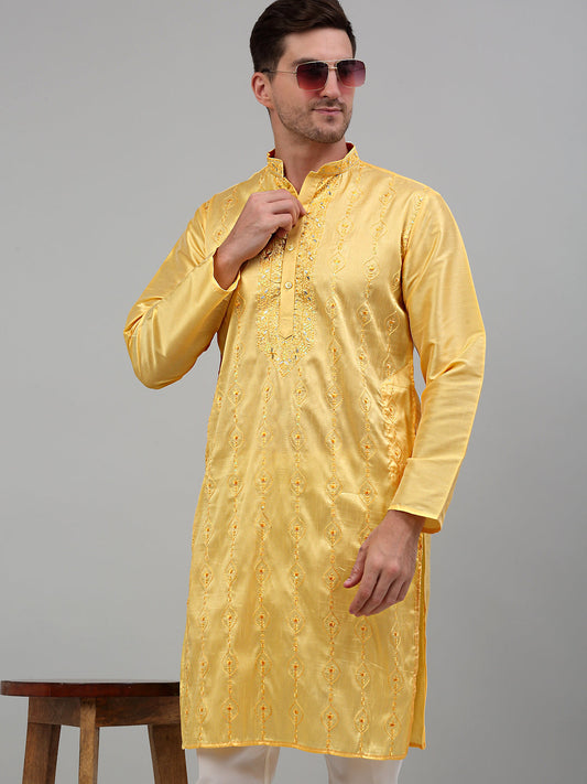Jompers Men's Yellow Embroidered Kurta Only
