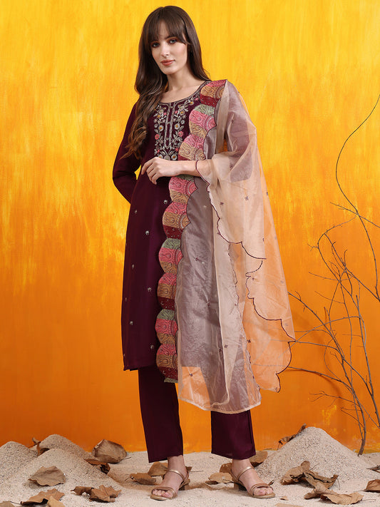Hand Embroidered Kurta With Pant & Embroidered Organza Dupatta, Purple - Hiral Fashion
