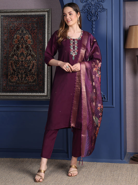Hand Embroidered Kurta With Pant & Printed Dupatta, Purple - Hiral Fashion