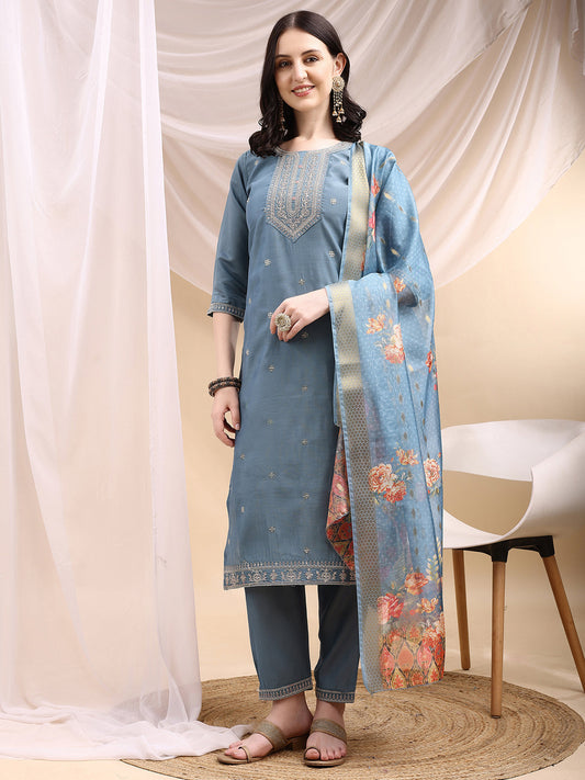 Sequined Embroidered Kurta With Pant & Printed Dupatta, Turquoise - Hiral Fashion