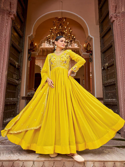 Prazu Fashion Yellow Georgette With Rich Zari-Sequins Embroidery Gown