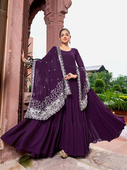 Prazu Fashion Wine Georgette With 3 Layer Huge Flair Gown With Dupatta