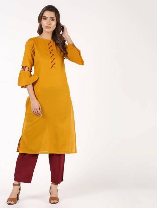 Aniyah Cotton Criss Cross Bell Sleeves Straight Mustard Color Kurta (AN-146K) | Grab2Buy