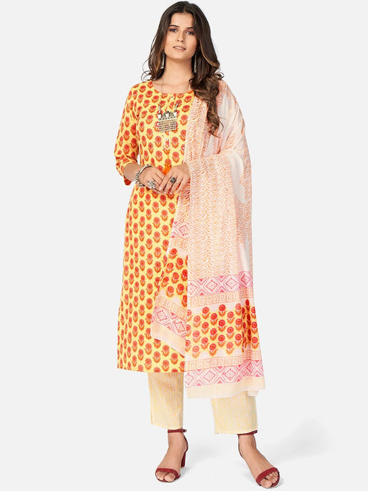 NOZ2TOZ Women Yellow Cotton Kurta with Pant & Dupatta (3pcs Set)