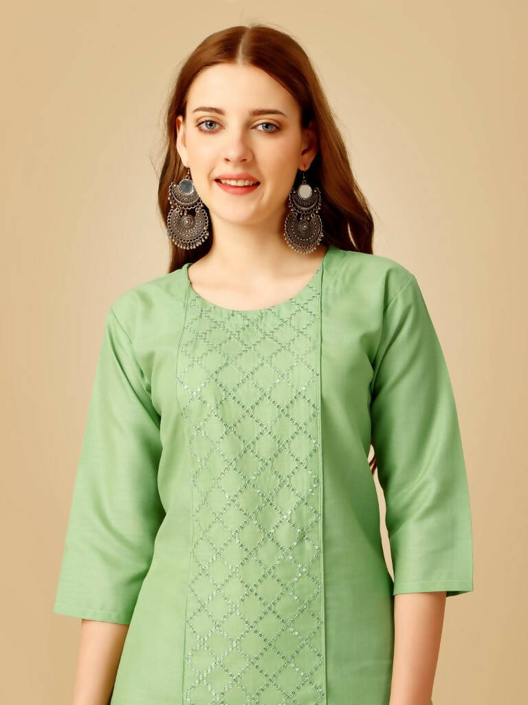 Aastha Fashion Women's Lime Green Cotton Blend Embroidered Kurta Pant Set - Grab2buy