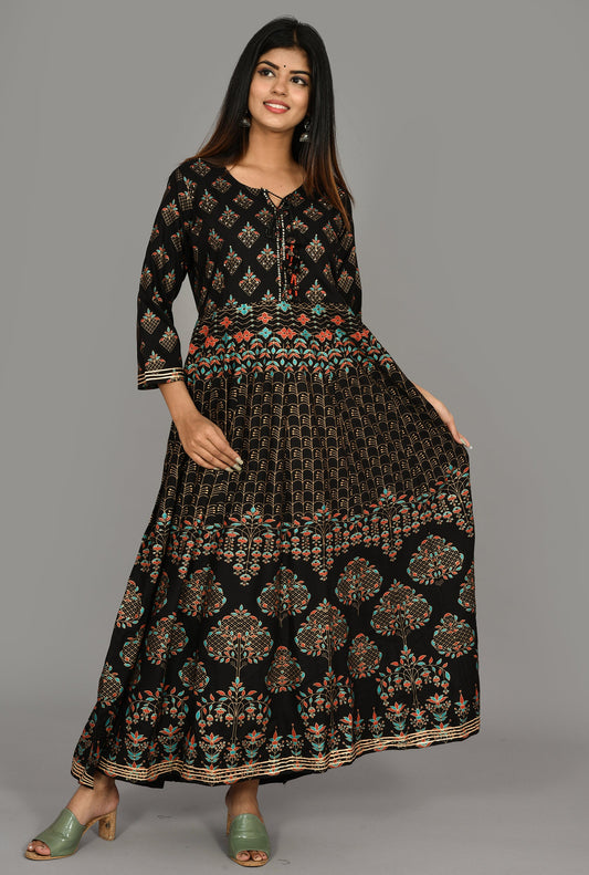 Kaajh Women's Black Gold Print Anarkali kurta