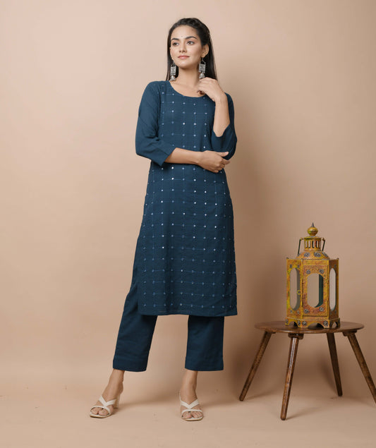 Kaajh Women's Navy Solid Mirror Embellished Kurta Pant Set