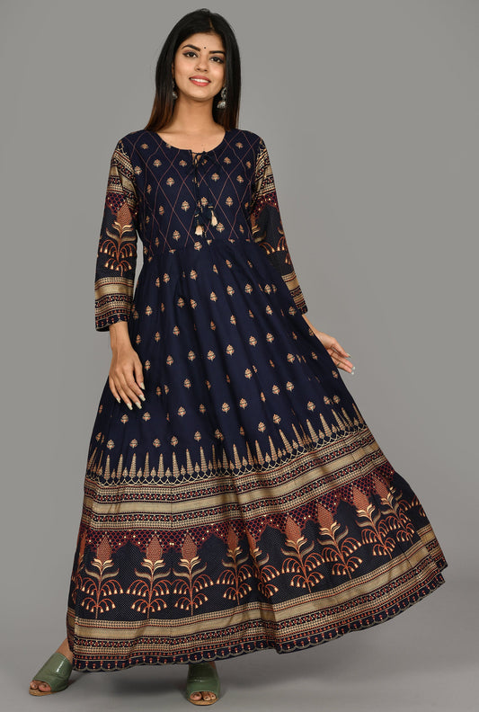 Kaajh Women's Blue Gold Printed Ethnic Kurta