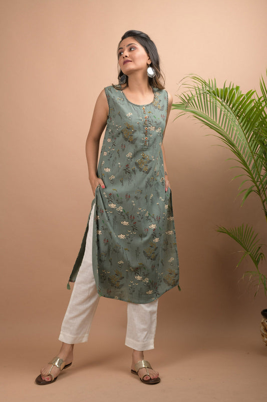Kaajh Women's Green Sleeveless Printed Kurta Pant Set
