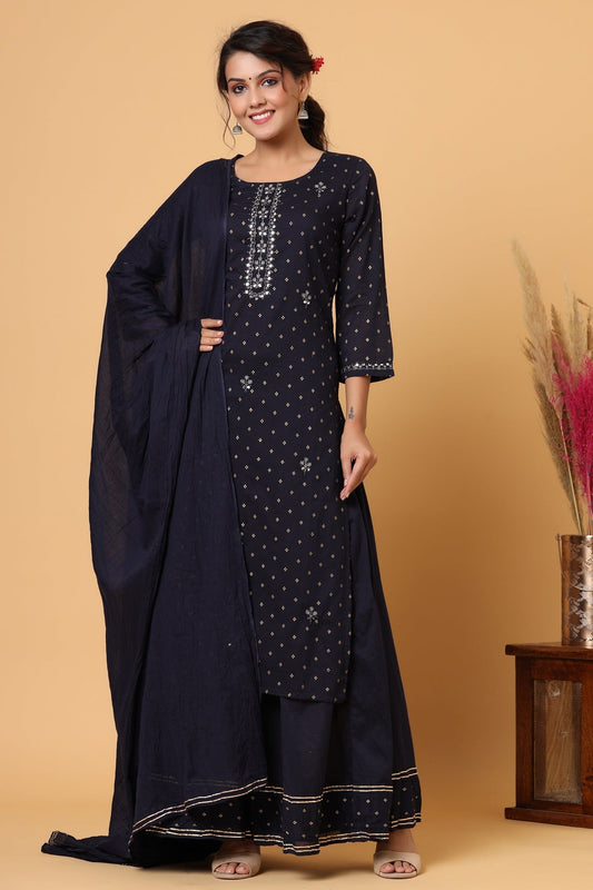 Kaajh Women's Blue Gold Print Suit Set