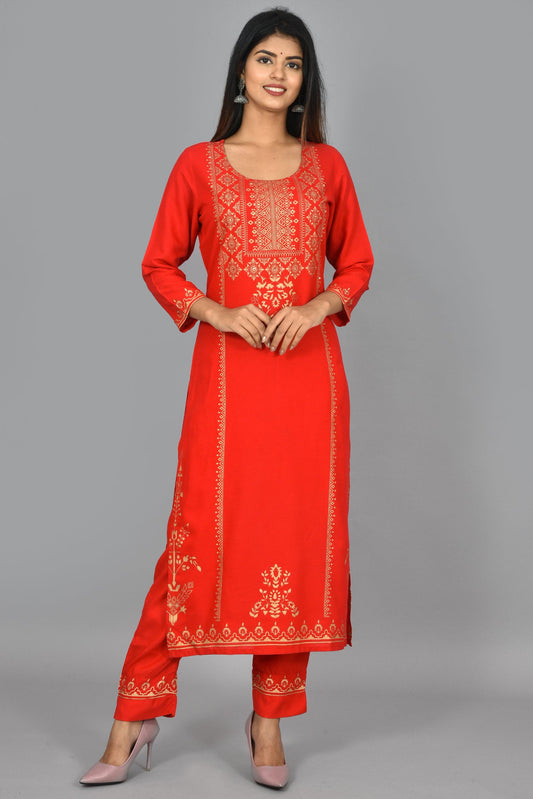 Kaajh Women's Red Gold Printed Kurta Pant Set