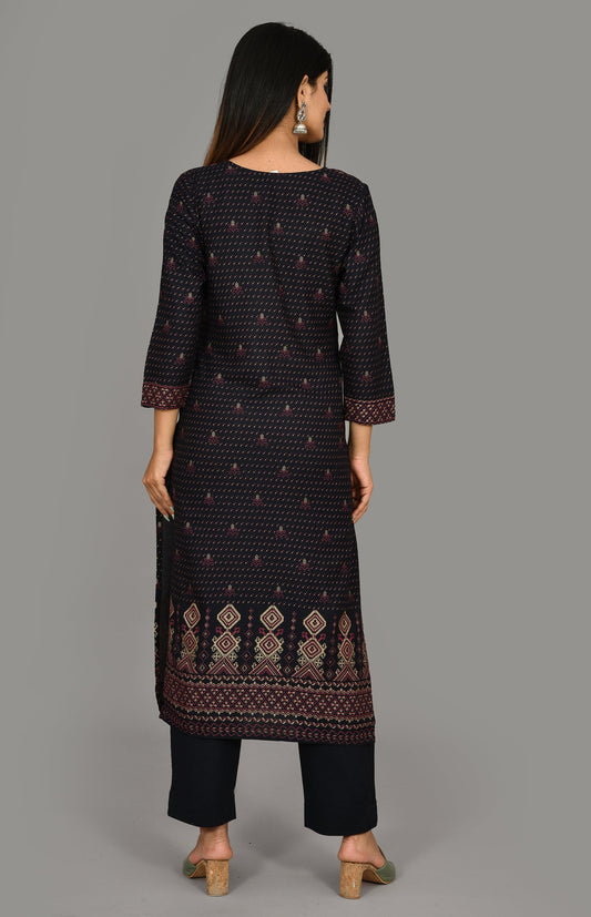 Kaajh Women's Blue Gold Printed Kurta Pant Set