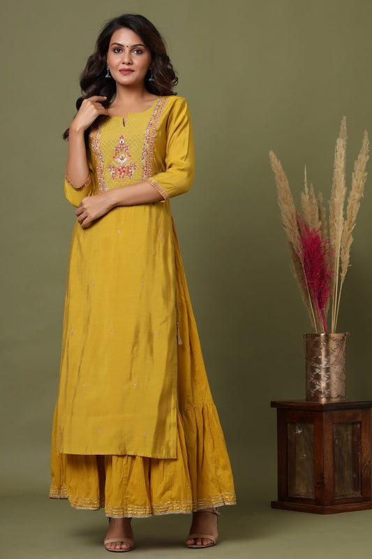 Kaajh Women's Yellow Embroidery Chanderi Ethnic Kurta