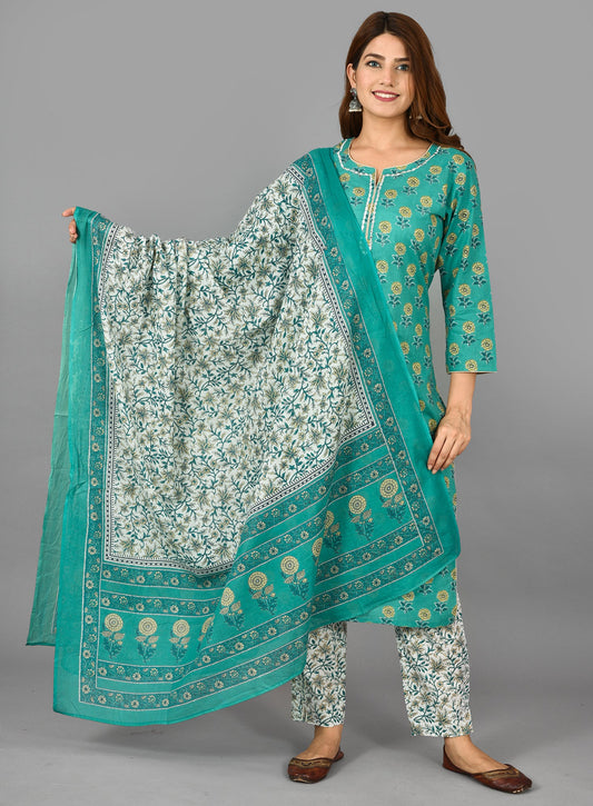 Kaajh Women's Green Floral Print Cotton Suit Set
