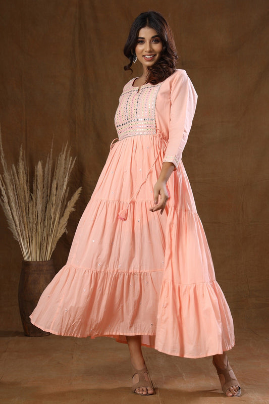 Kaajh Women's Peach Mirror Embellishment Anarkali Kurta