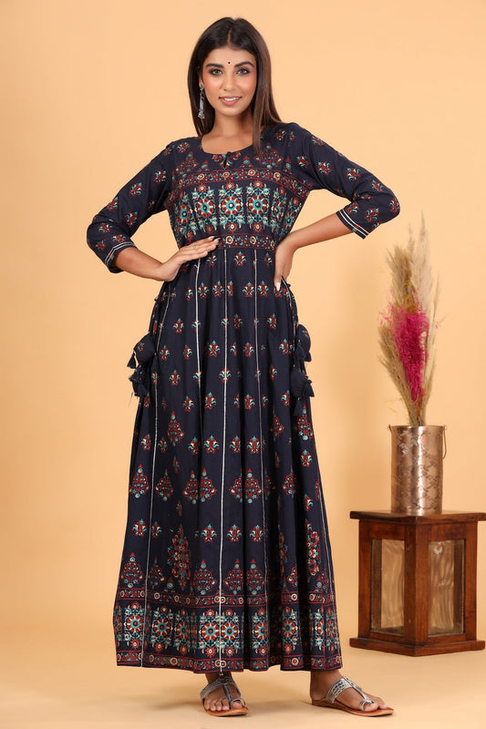 Kaajh Women's Blue Gold Print Embellishment Anarkali Kurta