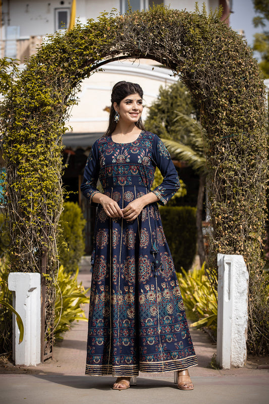 Kaajh Women's Blue Gold Printed Ethnic Gown