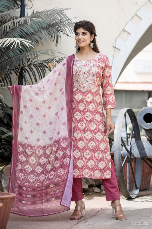 Kaajh Women's Pink Modal Silk Embroidered Suit Set