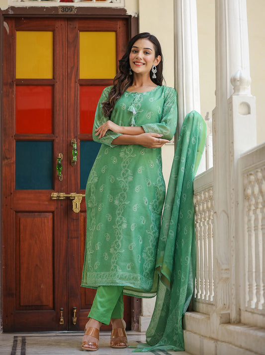 Kaajh Women's Green Printed Chanderi Kurta Set With Pant And Dupatta
