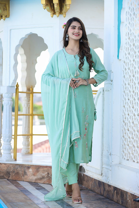 Kaajh Women's Green Floral Modal Silk Suit Set