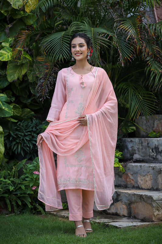 Kaajh Pink Modal Silk Suit Set For Women