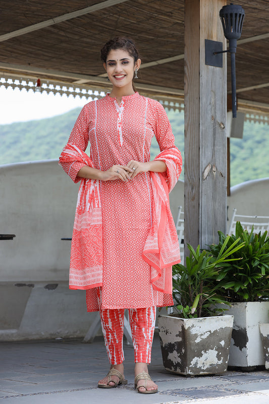 Kaajh Women's Pink Printed Cotton suit set