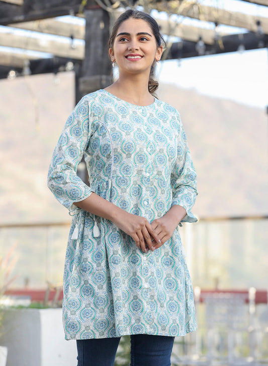 Kaajh Off White Green Printed Shirt Style Cotton Tunic