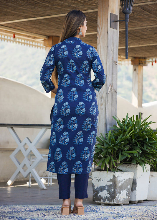 Kaajh Women's Blue Floral Print Cotton Kurta With Trouser